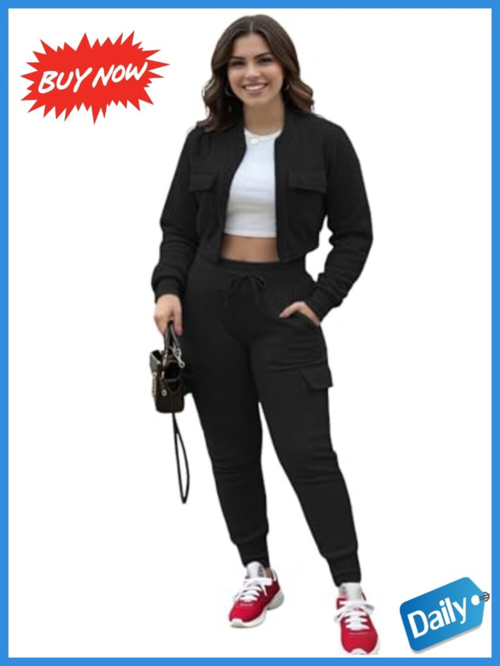 Womens 2 Piece Tracksuit Crop Zip Jacket Cargo Jogger Set Pockets